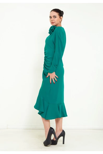 Modatalika Kadın Önden Büzgülü Uzun Kol  Midi Elbise - Resim 4