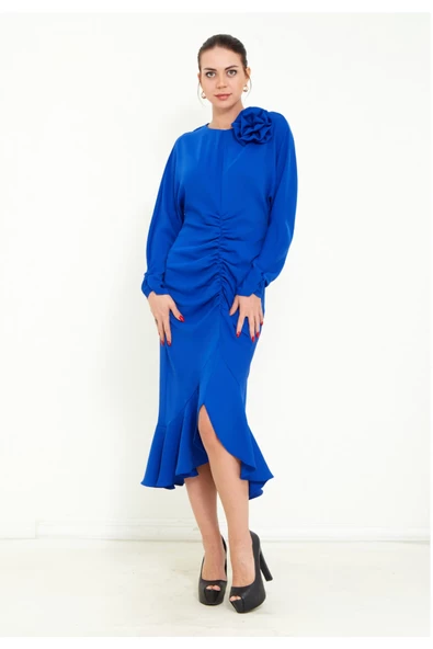 Modatalika Kadın Önden Büzgülü Uzun Kol  Midi Elbise - Resim 7