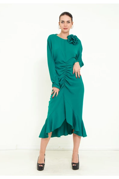 Modatalika Kadın Önden Büzgülü Uzun Kol  Midi Elbise - Resim 3