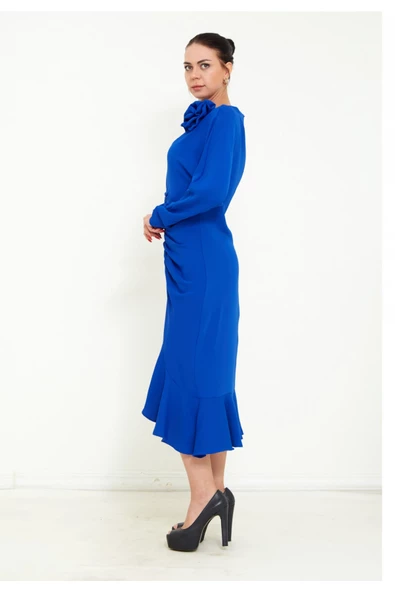 Modatalika Kadın Önden Büzgülü Uzun Kol  Midi Elbise - Resim 8