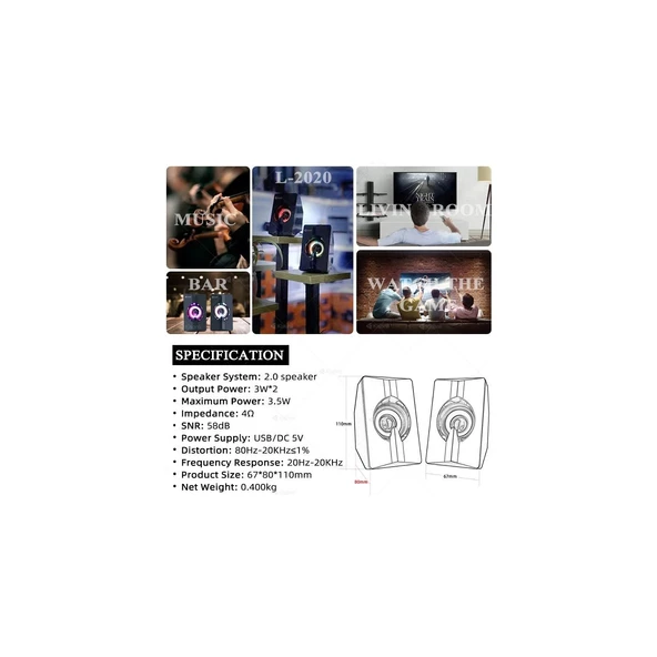 Azemax Usb 2.0 Işıklı Speaker 1+1 Hoparlör RGB Speaker - Resim 3