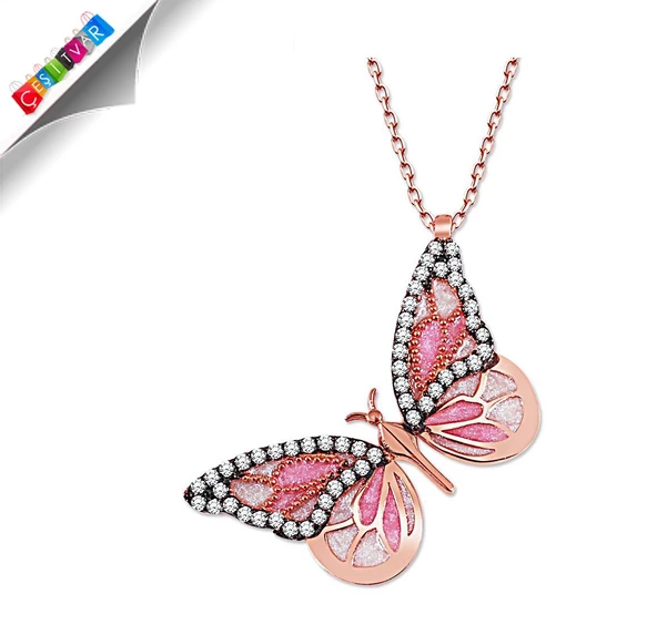 Azemax 925 Ayar Gümüş Pembe Renk Kelebek Kolye - Resim 2