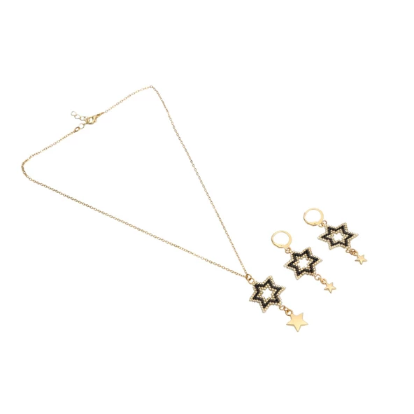 Melike Miyuki Kolye Kolye ve Küpe Seti/Yıldız/Siyah - 2