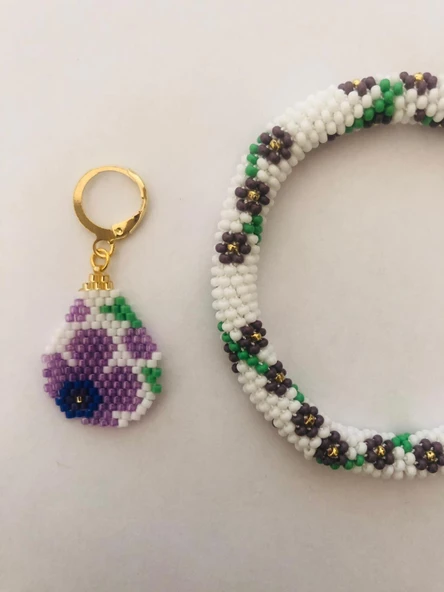 Melike Miyuki Bileklik ve Küpe Seti/Oval Çiçek/Eflatun - 3