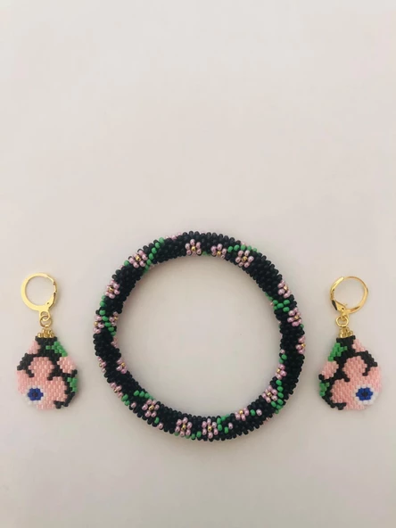 Melike Miyuki Bileklik ve Küpe Seti/Oval Çiçek/Pembe - 2
