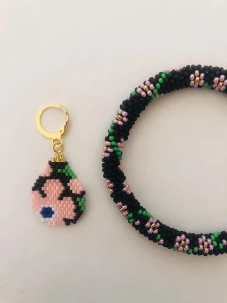 Melike Miyuki Bileklik ve Küpe Seti/Oval Çiçek/Pembe - 3