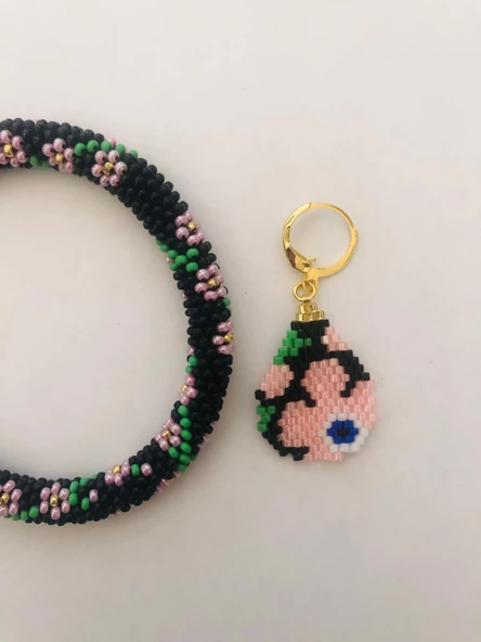 Melike Miyuki Bileklik ve Küpe Seti/Oval Çiçek/Pembe - 5