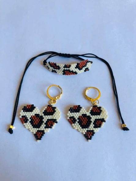 Melike Miyuki  Bileklik ve Küpe Seti/Leo Kalp/Krem Kahve - 2