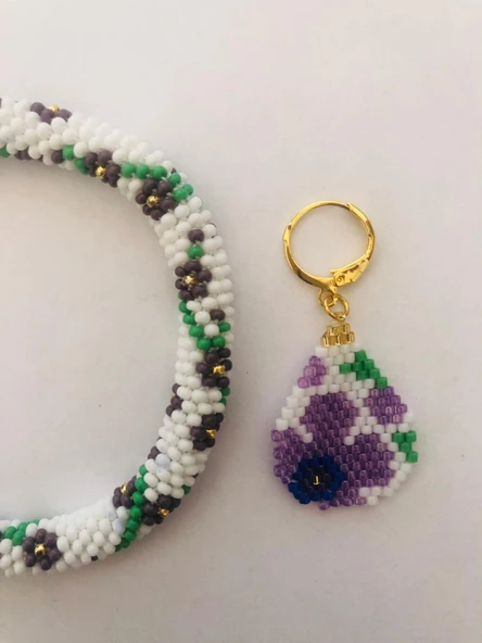 Melike Miyuki Bileklik ve Küpe Seti/Oval Çiçek/Eflatun - 4