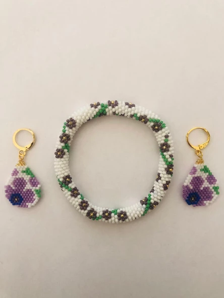 Melike Miyuki Bileklik ve Küpe Seti/Oval Çiçek/Eflatun - 2