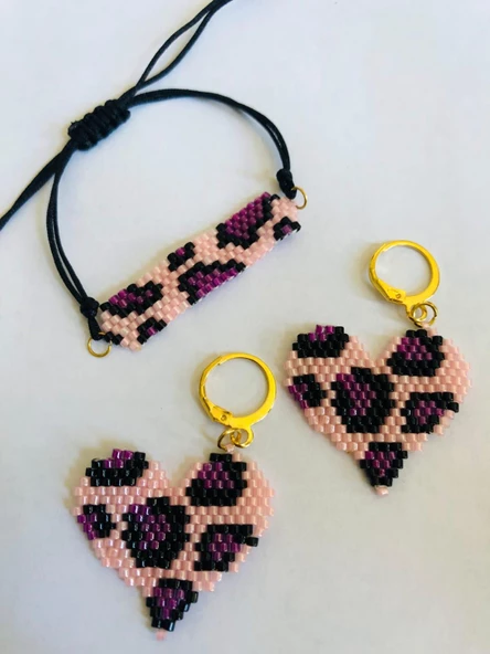 Melike Miyuki Bileklik ve Küpe Seti/Leo Kalp/Pembe