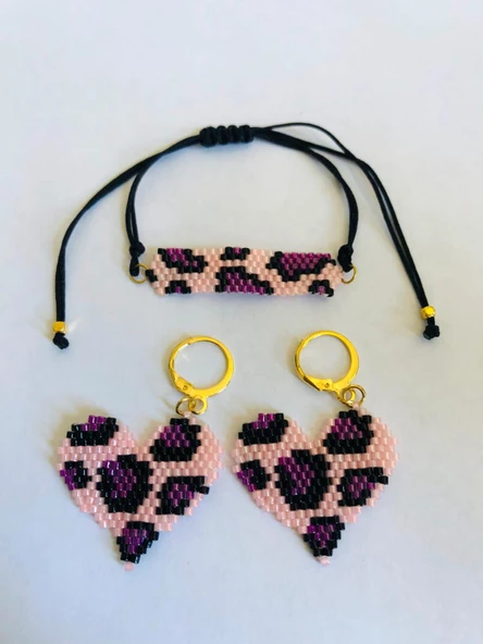 Melike Miyuki Bileklik ve Küpe Seti/Leo Kalp/Pembe - 5