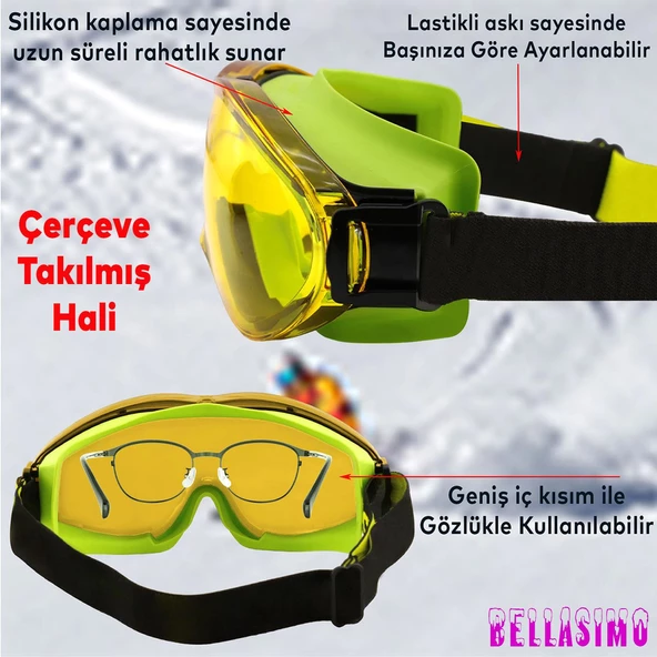 Bellasimo Çerçevesiz Kayak Gözlüğü Camı Lens Değiştirebilir Cam Antifog Güneş Kar Gözlük Camı Sarı - 3