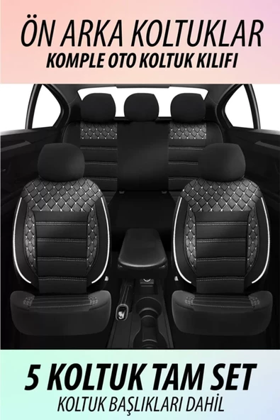 Sportsafir Deri Kumaş Koltuk Kılıfı Takımı Siyah Beyaz - Resim 6