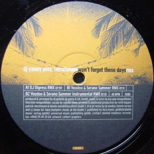 DJ Yanny Pres. Terraformer – Won't Forget These Days Rmx - Hard Trance Vinly Plak alithestereo