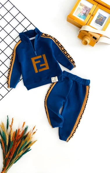 Neşeli Bebekler Yarım Fermuarlı Gucci Desen Üç İp Polar Takım Mavi