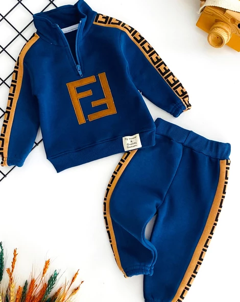 Neşeli Bebekler Yarım Fermuarlı Gucci Desen Üç İp Polar Takım Mavi - 2
