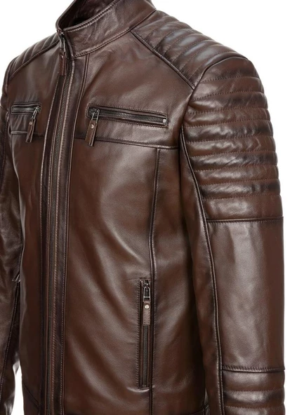 Dört Cepli İşleme Spor Deri Mont Fındık Renk - 9