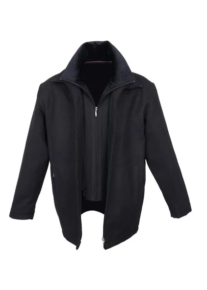 Çift Yakalı Kışlık Kaşe Kumaş Erkek Kaban Siyah Renk - 2