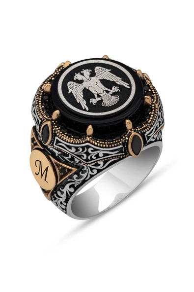 Selçuklu Kartalı Desenli Harfli 925 Gümüş Erkek Yüzük - Resim 2