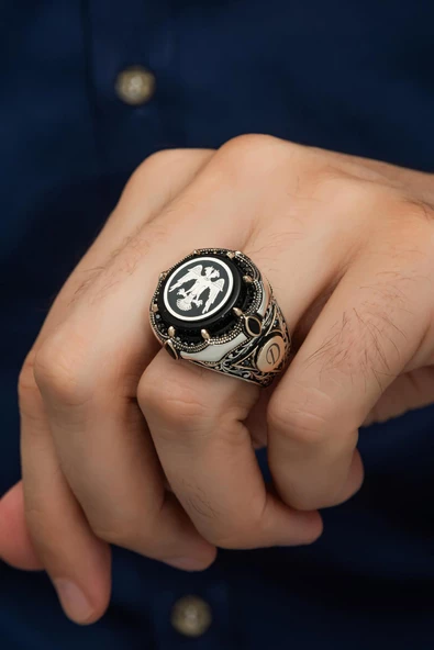 Selçuklu Kartalı Desenli Harfli 925 Gümüş Erkek Yüzük ürün görseli