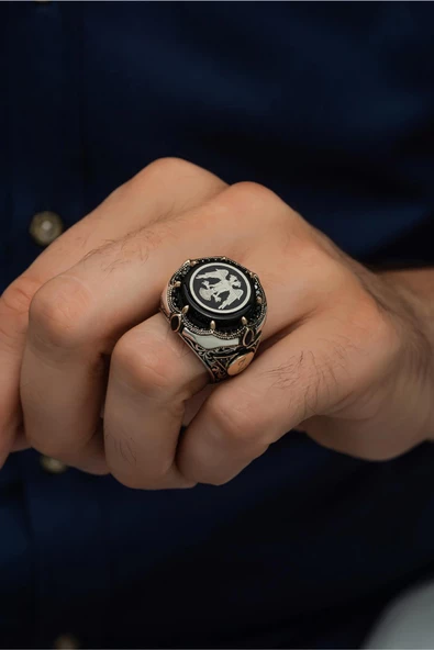 Selçuklu Kartalı Desenli Harfli 925 Gümüş Erkek Yüzük - Resim 5