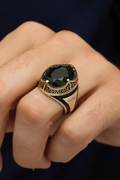 Oval Yeşil Taşlı İsimli 925 Gümüş Erkek Yüzük - Resim 7