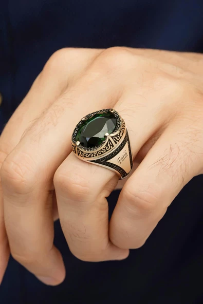 Oval Yeşil Taşlı İsimli 925 Gümüş Erkek Yüzük ürün görseli