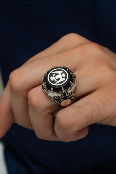 Selçuklu Kartalı Desenli Harfli 925 Gümüş Erkek Yüzük - Resim 7