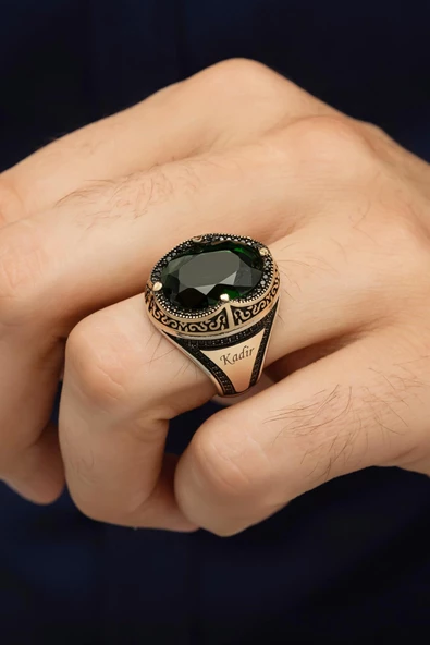 Oval Yeşil Taşlı İsimli 925 Gümüş Erkek Yüzük - Resim 5