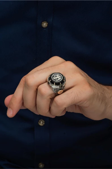 Selçuklu Kartalı Desenli Harfli 925 Gümüş Erkek Yüzük - Resim 4