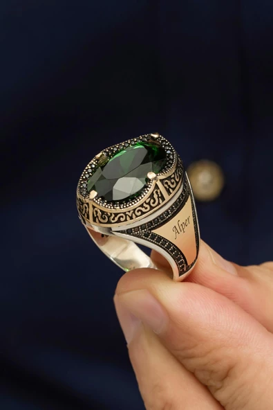 Oval Yeşil Taşlı İsimli 925 Gümüş Erkek Yüzük - Resim 3