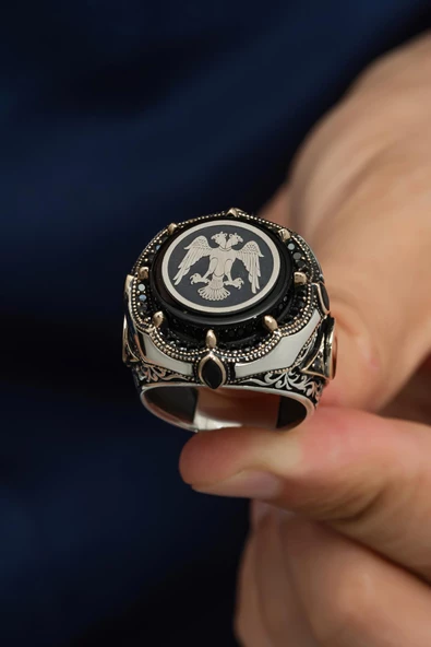 Selçuklu Kartalı Desenli Harfli 925 Gümüş Erkek Yüzük - Resim 8