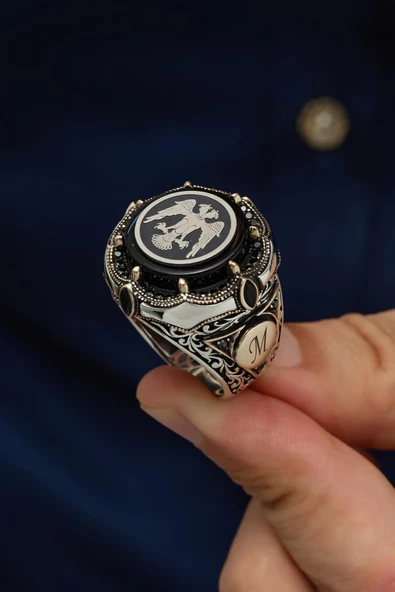 Selçuklu Kartalı Desenli Harfli 925 Gümüş Erkek Yüzük - Resim 6