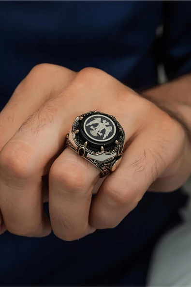 Selçuklu Kartalı Desenli Harfli 925 Gümüş Erkek Yüzük - Resim 3