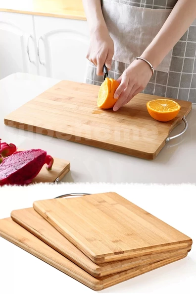 Bambu Kesme Panosu Et Sebze Kesme Doğrama Kesim Tahtası Lüx Çelik Saplı Peynir Servis Sunum Tepsi - 3