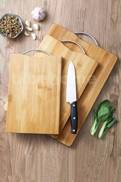 2'li Bambu Kesim Tahtası Büyük + Orta Boy Çelik Saplı Peynir Sunum Tepsi Sebze Doğrama Panosu Seti - 3