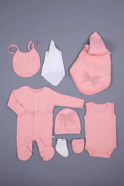Babyhola Organik %100 Pamuk Kız Bebek Yenidoğan Tulum Zıbın Battaniye 8'li Dantelli Set 0-3 ay Hediyelik Hastane Çıkışı 1905 - 2