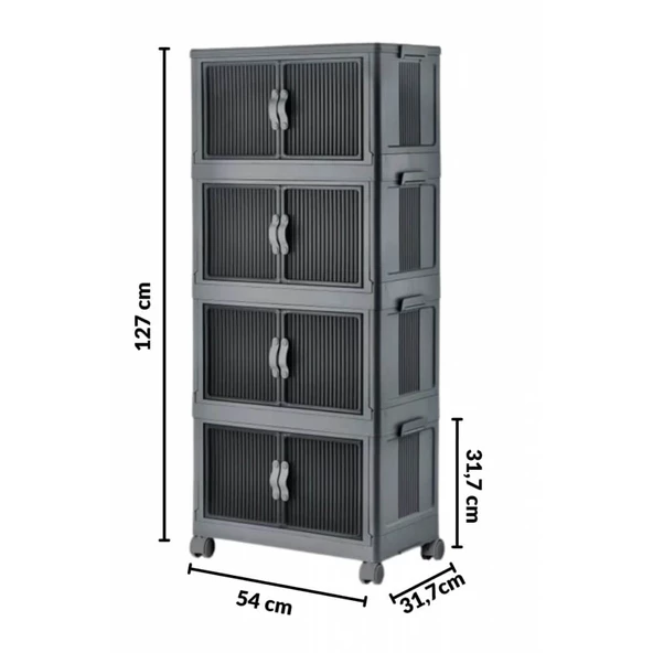 Piev Emayhome Çok Amaçlı Kapaklı Portatif İstiflenebilir Tekerlekli Organizer Dolap 4 Lü Antrasit - 4