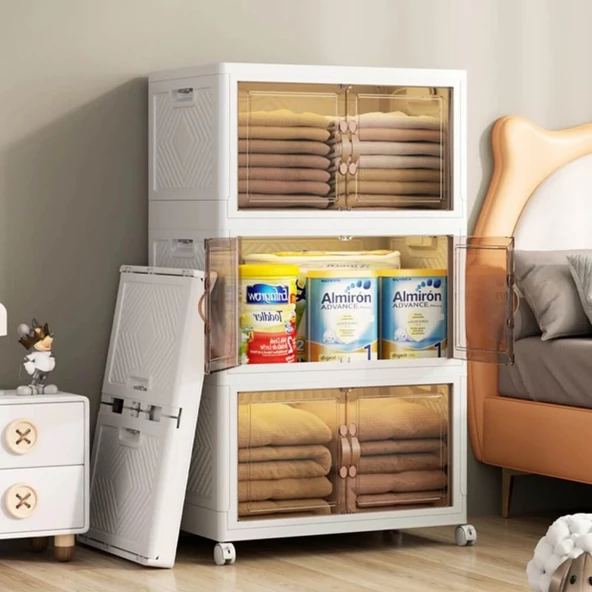 Piev Emayhome Çok Amaçlı Kapaklı Portatif İstiflenebilir Tekerlekli Organizer Dolap 4 Lü Pembe - 2