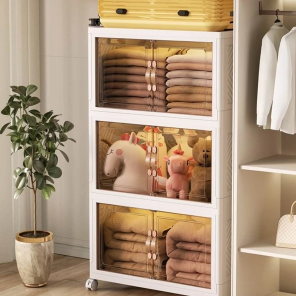 Piev Emayhome Çok Amaçlı Kapaklı Portatif İstiflenebilir Tekerlekli Organizer Dolap 4 Lü Pembe - 3