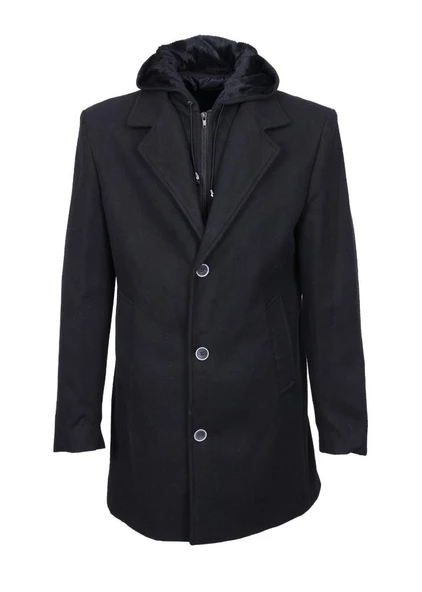 Battal Beden Kapüşonlu Erkek Yarım Palto Siyah Renk - 6