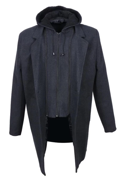 Battal Beden Kapüşonlu Erkek Yarım Palto Füme Renk - 12