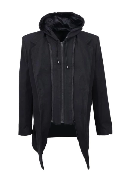 Battal Beden Kapüşonlu Erkek Yarım Palto Siyah Renk - 12