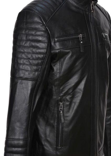 Dört Cepli İşleme Spor Deri Mont Siyah Renk - 2