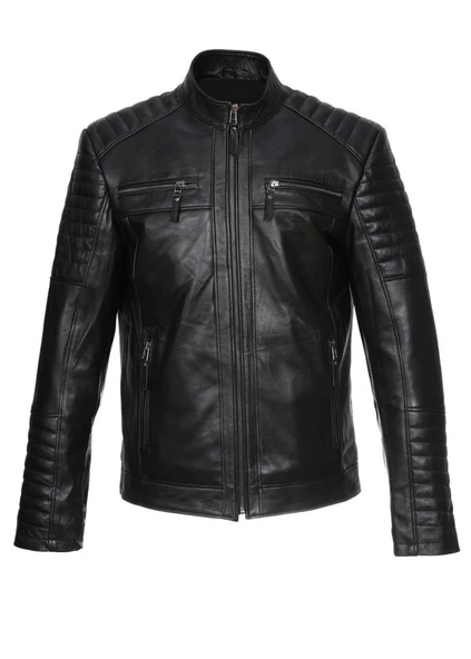 Dört Cepli İşleme Spor Deri Mont Siyah Renk - 7