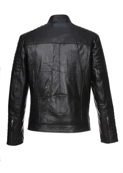 Dört Cepli İşleme Spor Deri Mont Siyah Renk - 6