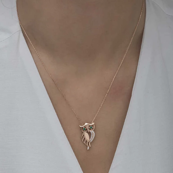 925 Ayar Gümüş Rose Yeşil Gözlü Baykuş Kadın Gümüş Kolye - Resim 4