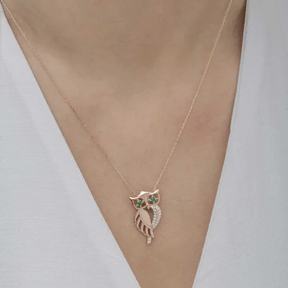 925 Ayar Gümüş Rose Yeşil Gözlü Baykuş Kadın Gümüş Kolye - Resim 5