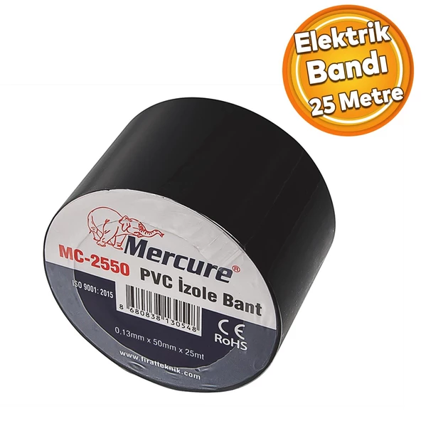 Elektrikçi Bandı Siyah İzole Elektirik Kablo Bant Bandı Pvc 0.13 mm Kalınlık 50 mm Geniş 25 Metre